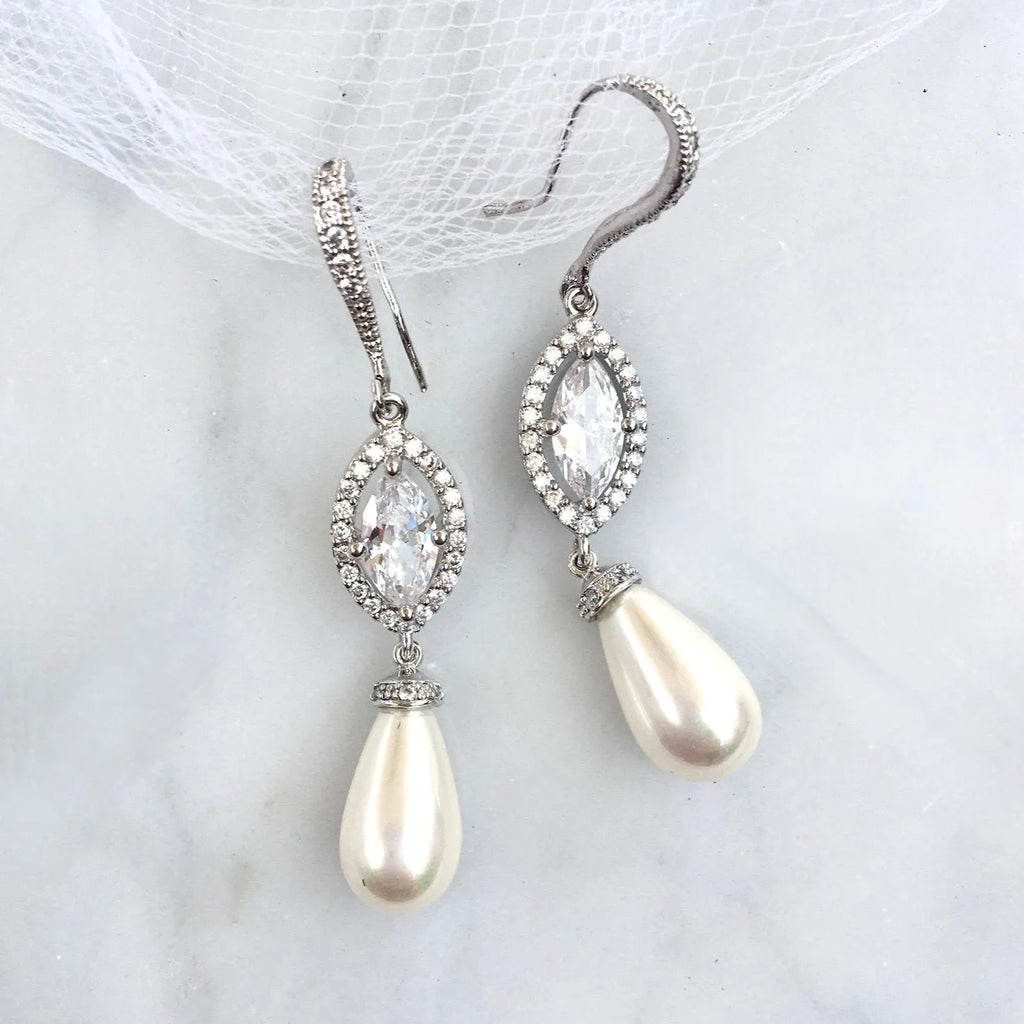 Pearl Wedding Jewelry - Pearl and CZ Bridal Earrings - Available in Silver and Yellow Gold