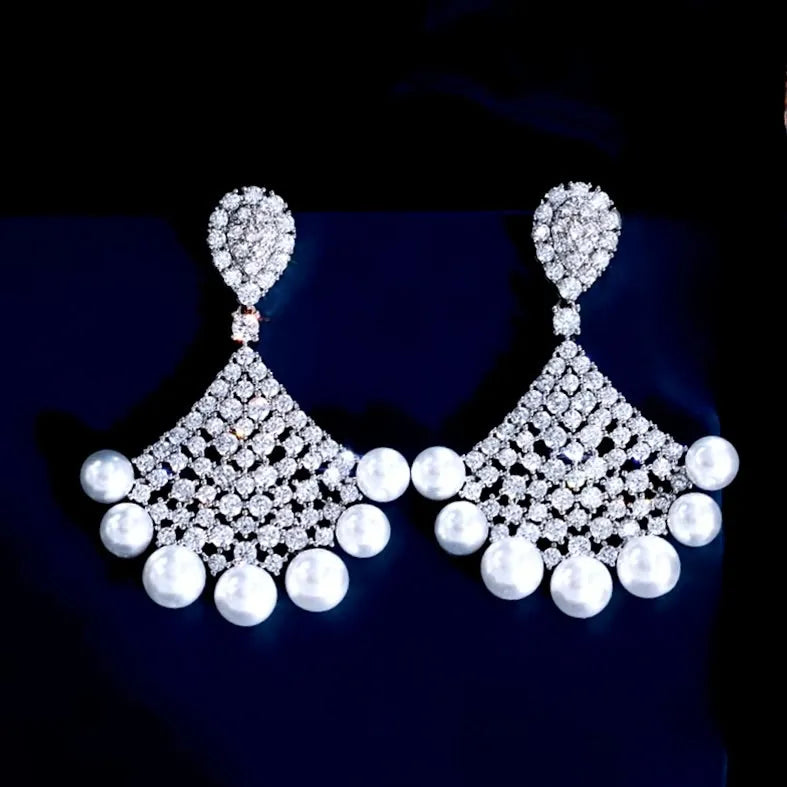 Wedding Jewelry - Pearl and Cubic Zirconia Bridal Earrings