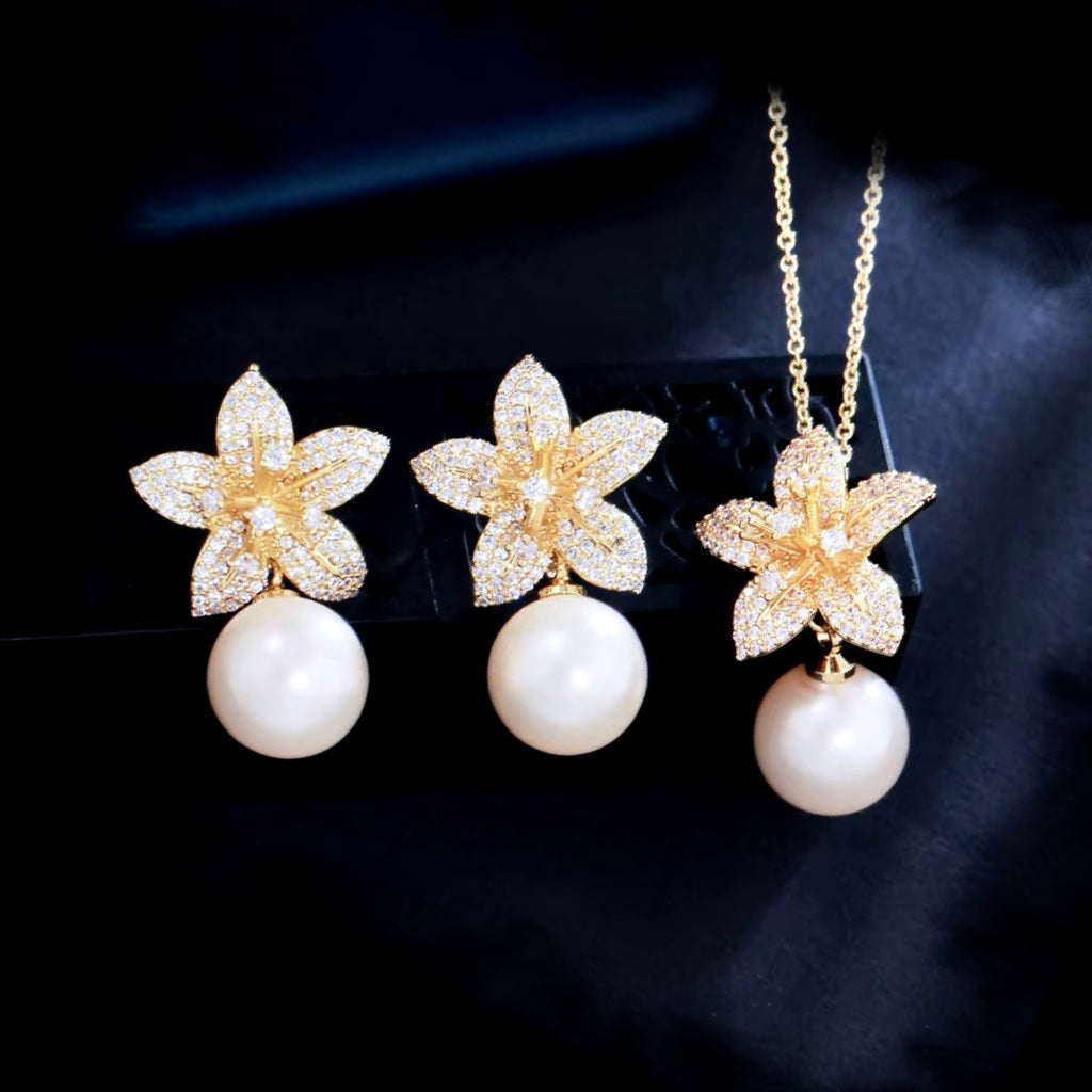Pearl Wedding Jewelry - Pearl and Cubic Zirconia Jewelry Set - Available in Silver and Gold