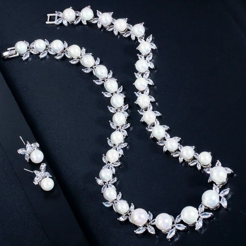 Wedding Jewelry - Luxury Pearl and CZ Bridal Jewelry Set