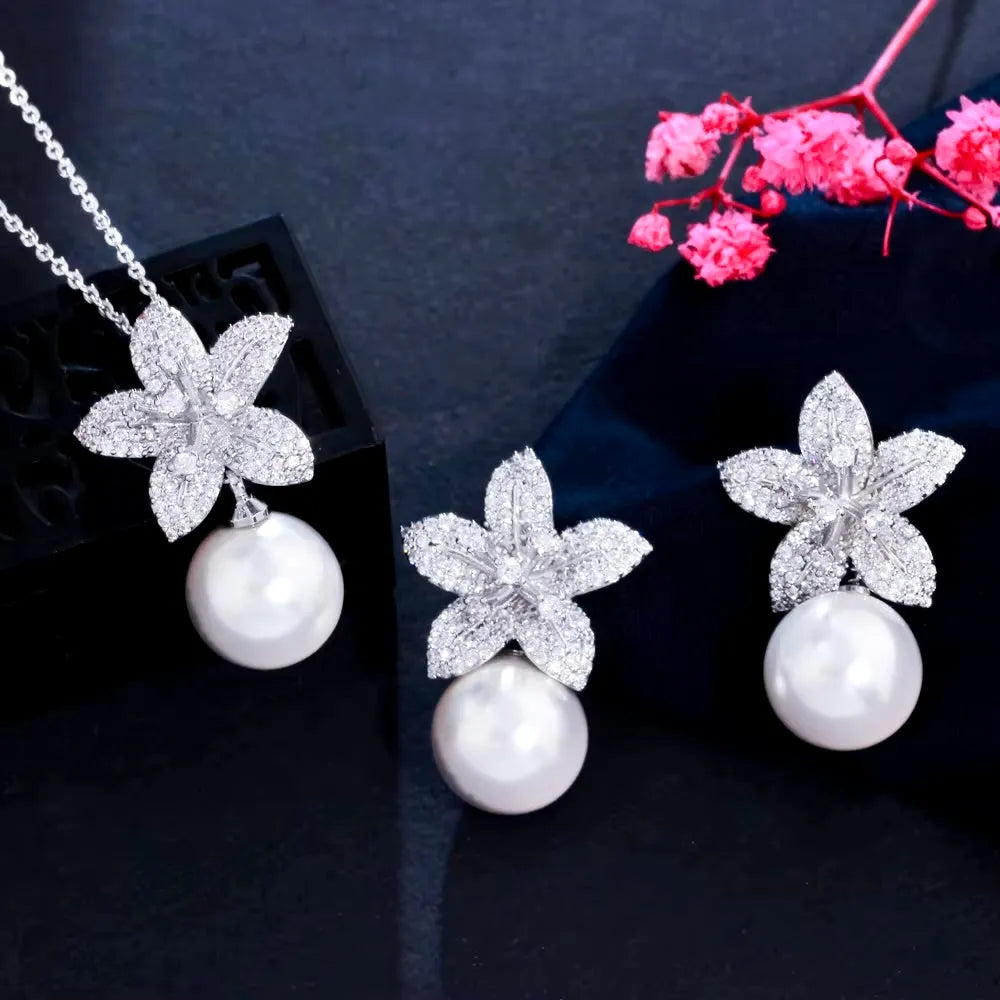 Pearl Wedding Jewelry - Pearl and Cubic Zirconia Jewelry Set - Available in Silver and Gold