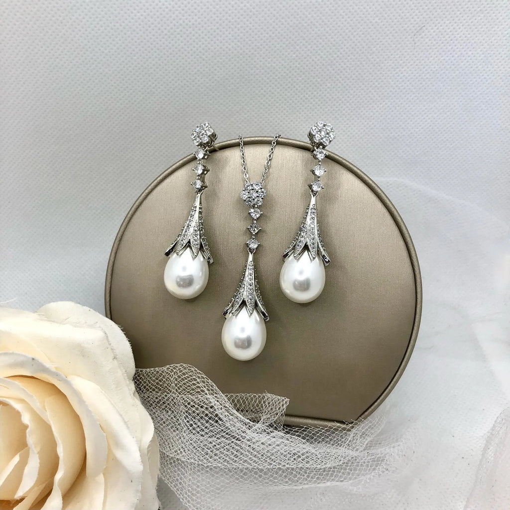 Wedding Pearl Jewelry - Pearl and Cubic Zirconia Bridal Jewelry Set