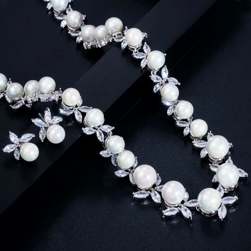 Wedding Jewelry - Luxury Pearl and CZ Bridal Jewelry Set