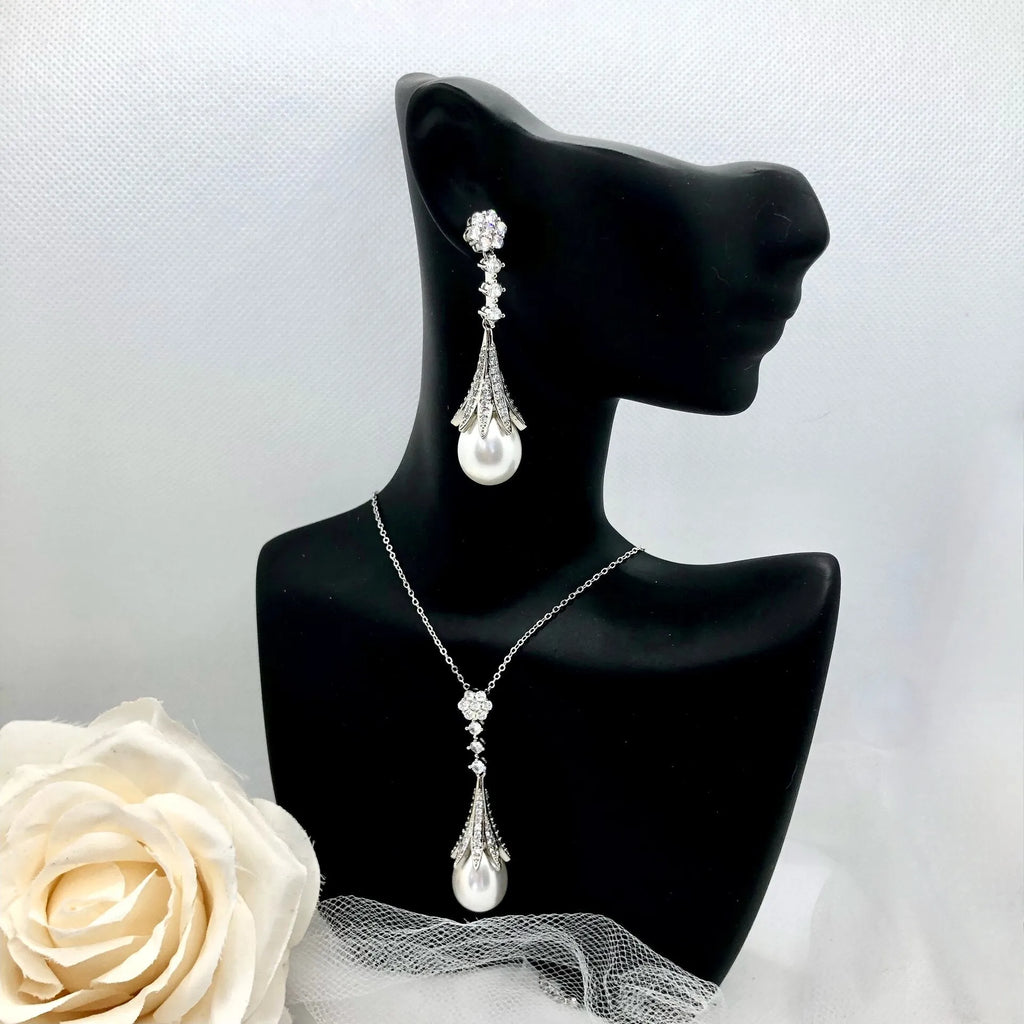 Wedding Pearl Jewelry - Pearl and Cubic Zirconia Bridal Jewelry Set
