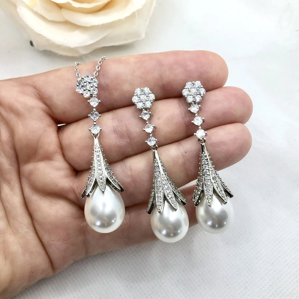 Wedding Pearl Jewelry - Pearl and Cubic Zirconia Bridal Jewelry Set