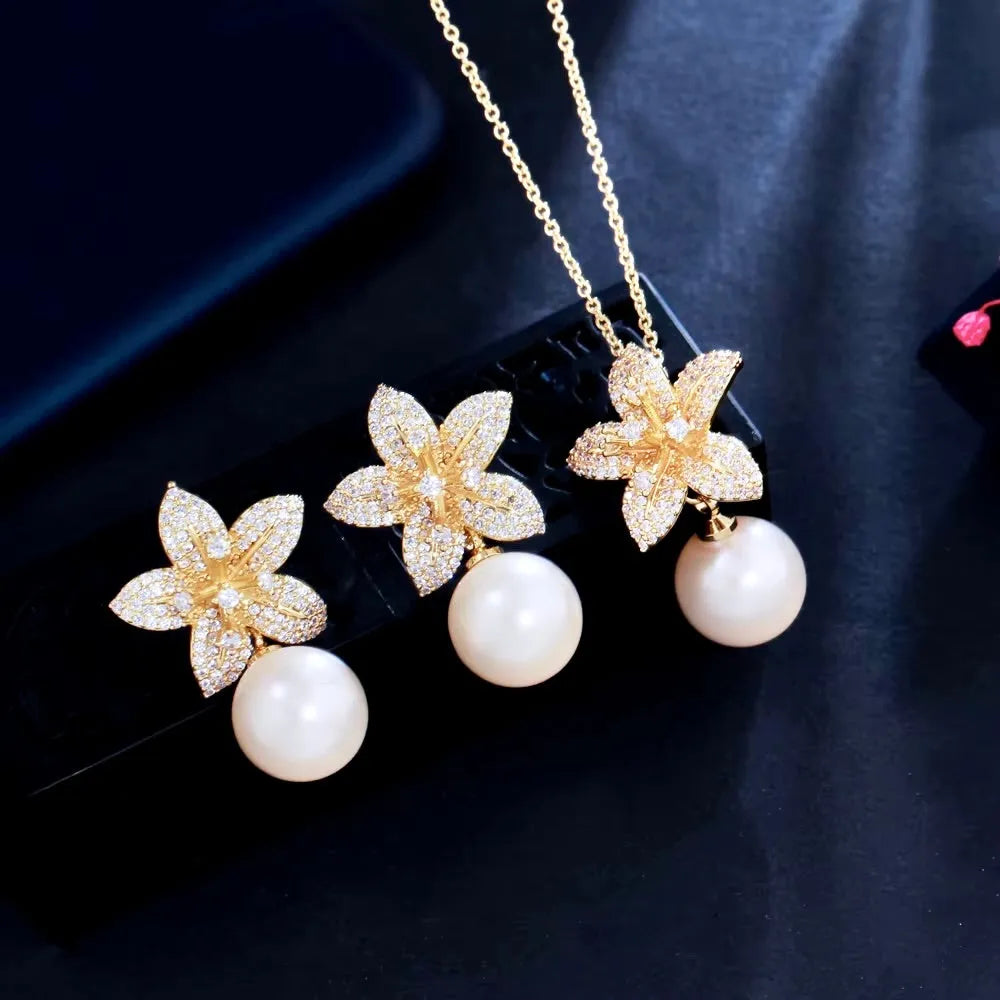 Pearl Wedding Jewelry - Pearl and Cubic Zirconia Jewelry Set - Available in Silver and Gold