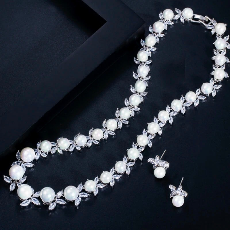 Wedding Jewelry - Luxury Pearl and CZ Bridal Jewelry Set