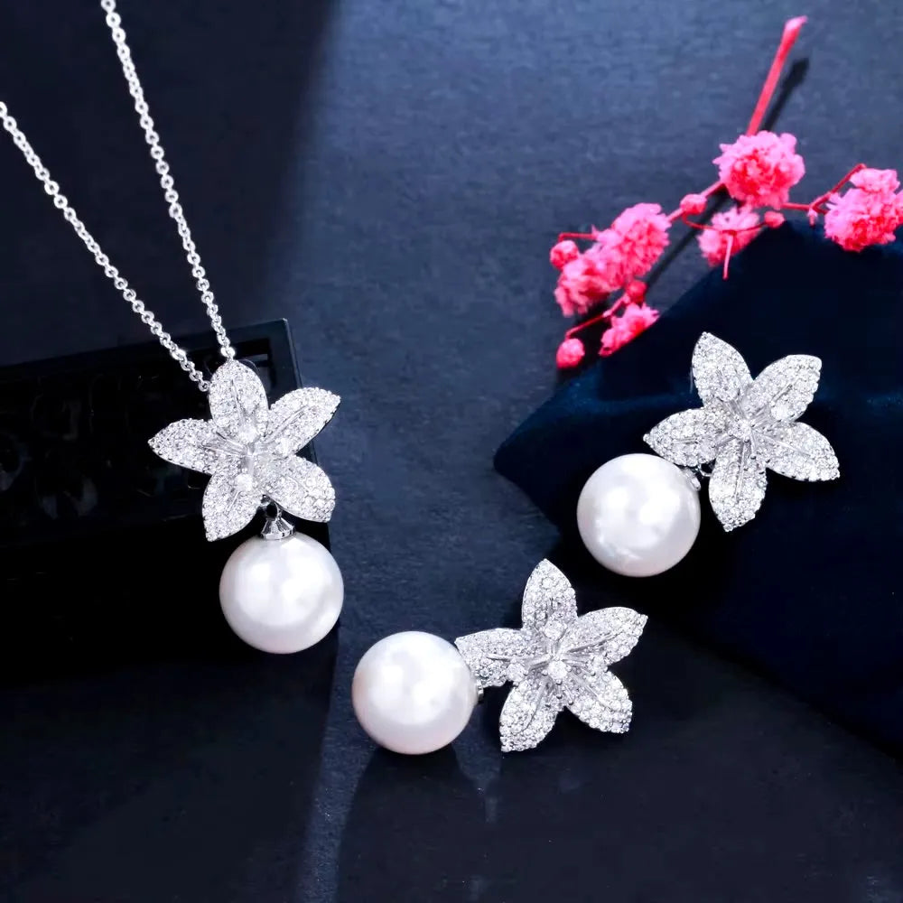 Pearl Wedding Jewelry - Pearl and Cubic Zirconia Jewelry Set - Available in Silver and Gold