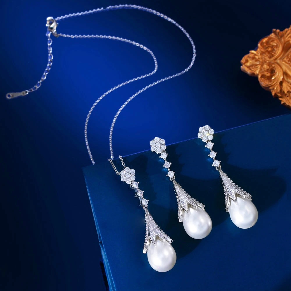 Wedding Pearl Jewelry - Pearl and Cubic Zirconia Bridal Jewelry Set