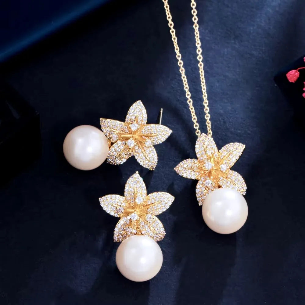 Pearl Wedding Jewelry - Pearl and Cubic Zirconia Jewelry Set - Available in Silver and Gold