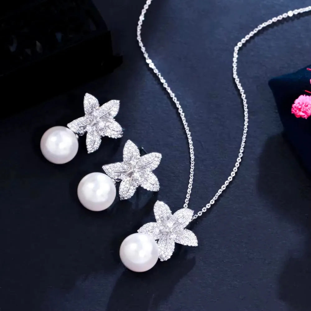 Pearl Wedding Jewelry - Pearl and Cubic Zirconia Jewelry Set - Available in Silver and Gold