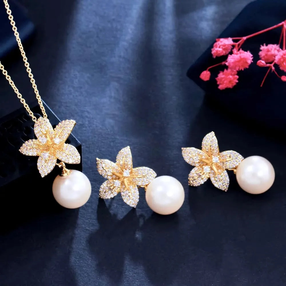 Pearl Wedding Jewelry - Pearl and Cubic Zirconia Jewelry Set - Available in Silver and Gold