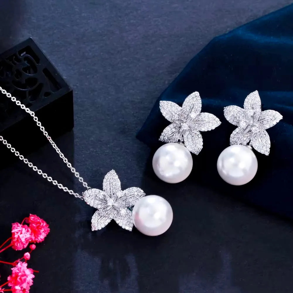 Pearl Wedding Jewelry - Pearl and Cubic Zirconia Jewelry Set - Available in Silver and Gold