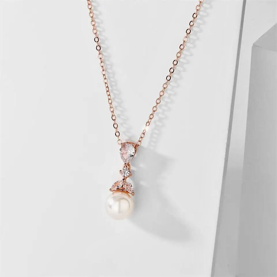 Pearl Wedding Jewelry - Pearl and Cubic Zirconia Bridal Necklace - Available in Rose Gold and Silver