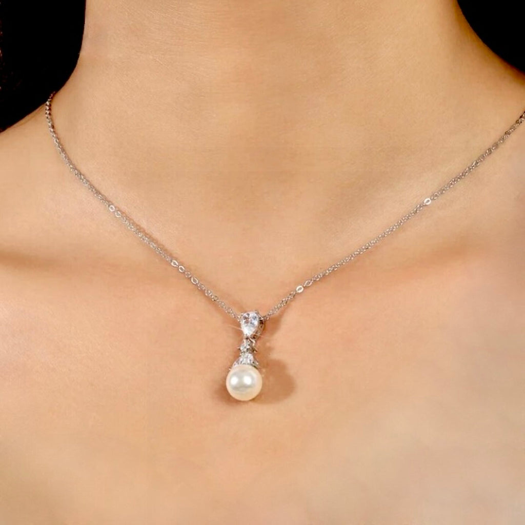 Pearl Wedding Jewelry - Pearl and Cubic Zirconia Bridal Necklace - Available in Rose Gold and Silver
