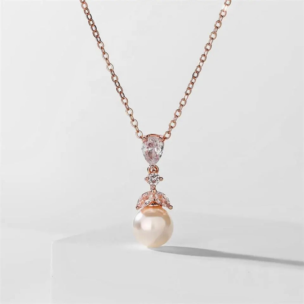 Pearl Wedding Jewelry - Pearl and Cubic Zirconia Bridal Necklace - Available in Rose Gold and Silver