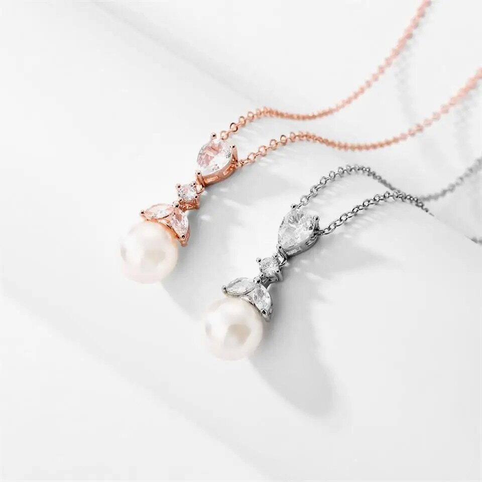 Wedding Jewelry - Pearl and Cubic Zirconia Bridal Earrings - Available in Rose Gold and Silver