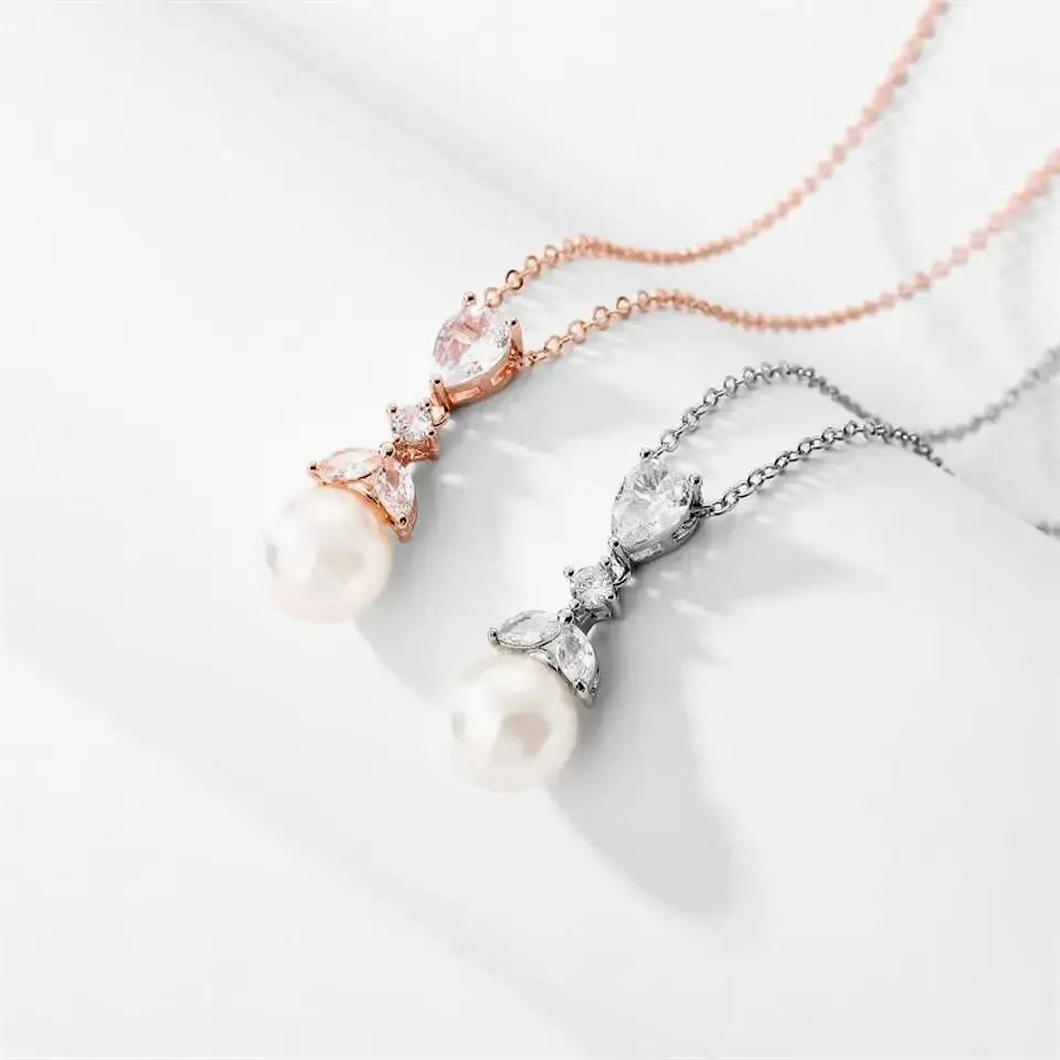    Wedding Jewelry - Pearl and Cubic Zirconia Bridal Jewelry Set - Available in Rose Gold and Silver