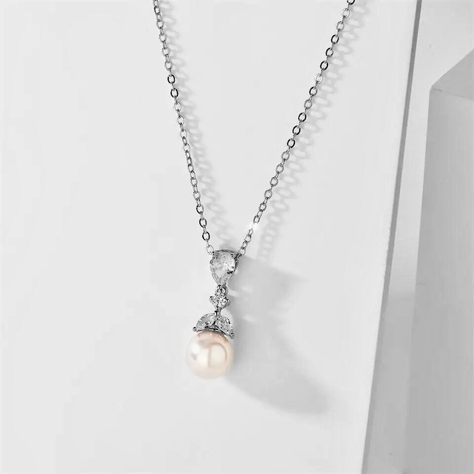 Pearl Wedding Jewelry - Pearl and Cubic Zirconia Bridal Necklace - Available in Rose Gold and Silver