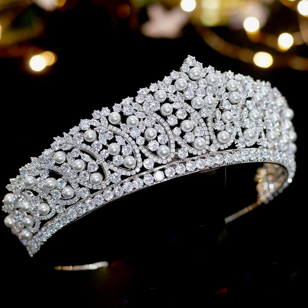 Wedding Hair Accessories - Silver Pearl and Cubic Zirconia Tiara