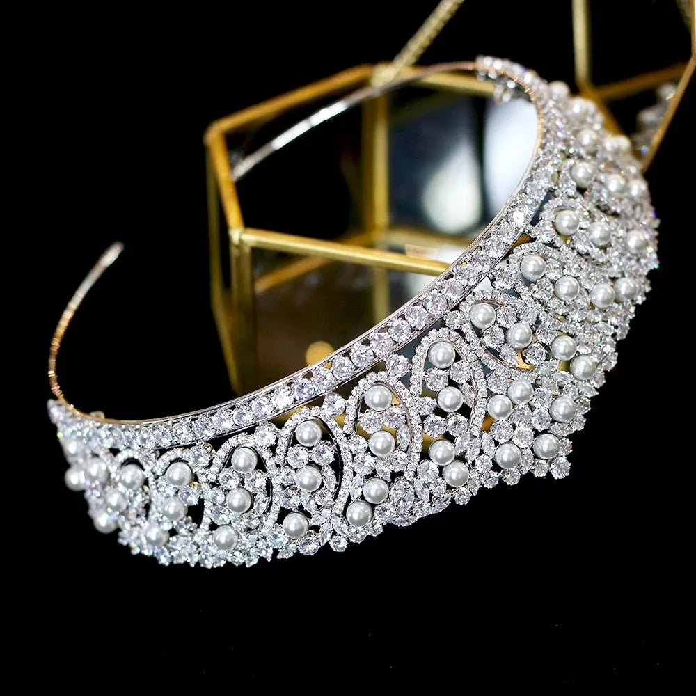 Wedding Hair Accessories - Silver Pearl and Cubic Zirconia Tiara