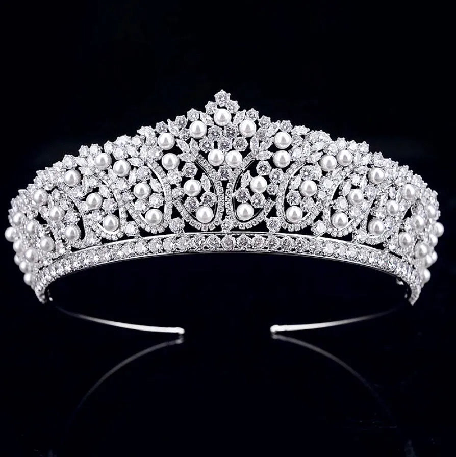 Wedding Hair Accessories - Silver Pearl and Cubic Zirconia Tiara
