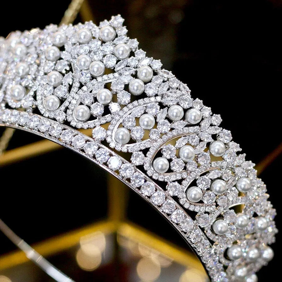Wedding Hair Accessories - Silver Pearl and Cubic Zirconia Tiara