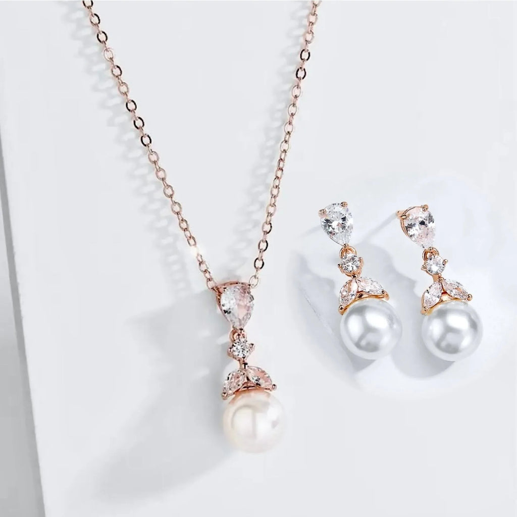 Wedding Jewelry - Pearl and Cubic Zirconia Bridal Jewelry Set - Available in Rose Gold and Silver