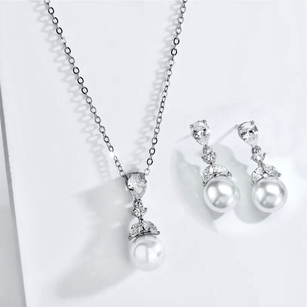Wedding Jewelry - Pearl and Cubic Zirconia Bridal Jewelry Set - Available in Rose Gold and Silver