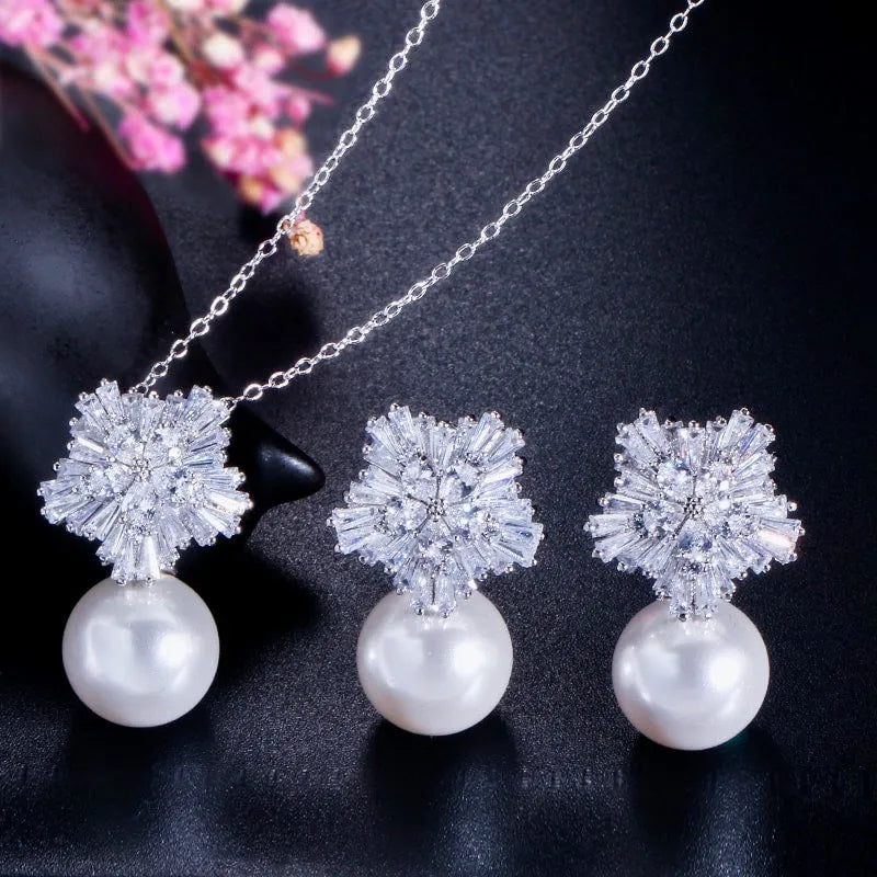 Wedding Pearl Jewelry - Winter Pearl Snowflake Bridal Jewelry Set