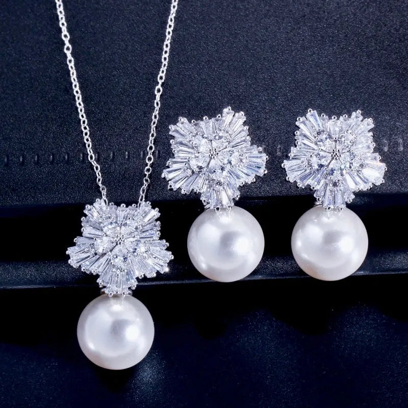 Wedding Pearl Jewelry - Winter Pearl Snowflake Bridal Jewelry Set