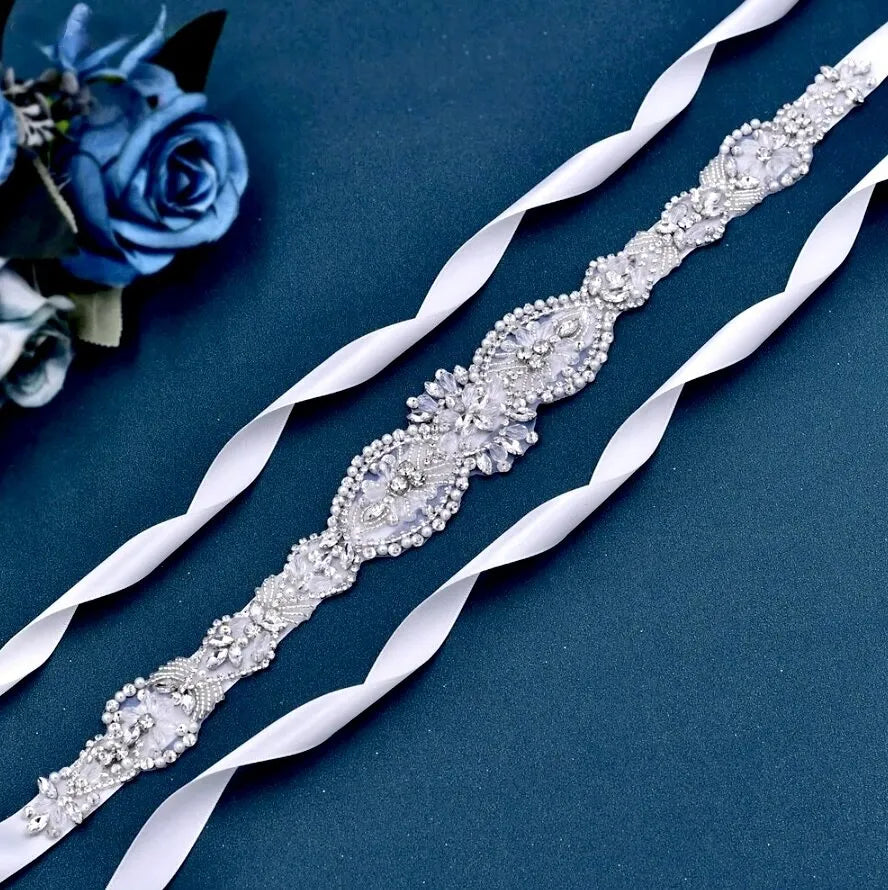 Wedding Accessories - Silver Crystal and Pearl Bridal Belt/Sash