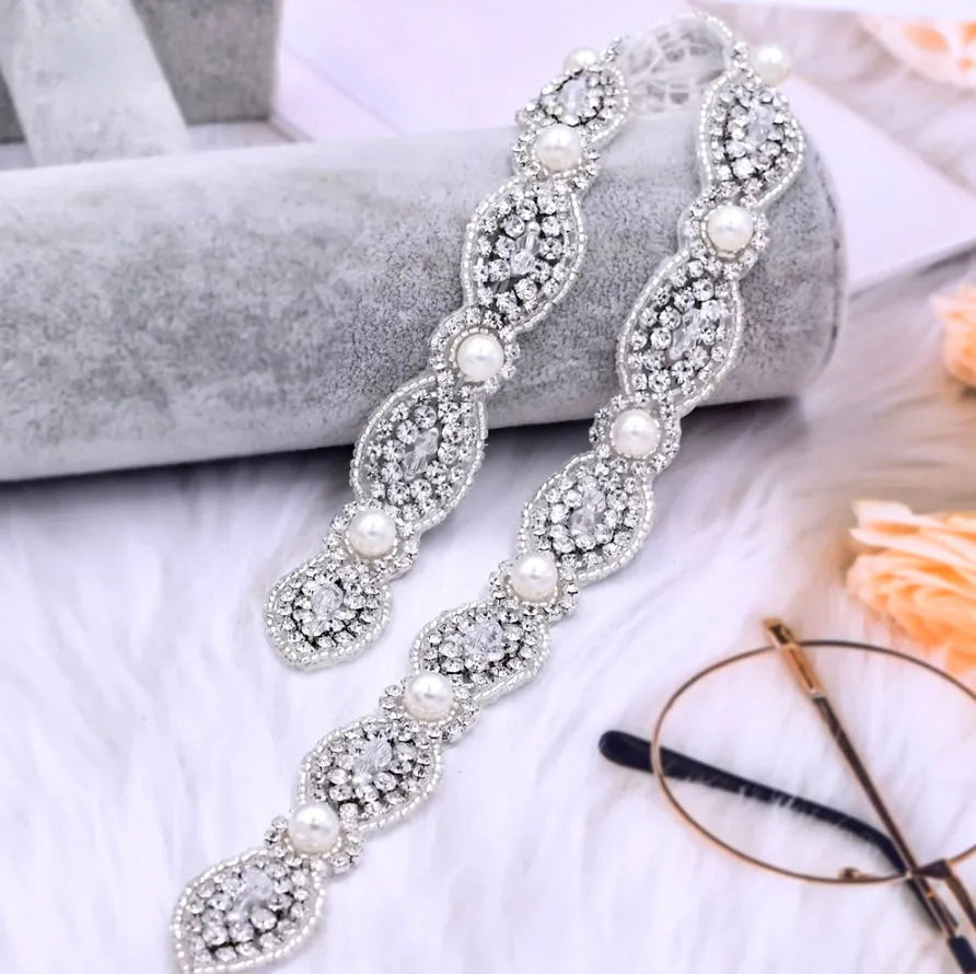 Wedding Accessories - Silver Pearl and Crystal Bridal Belt/Sash