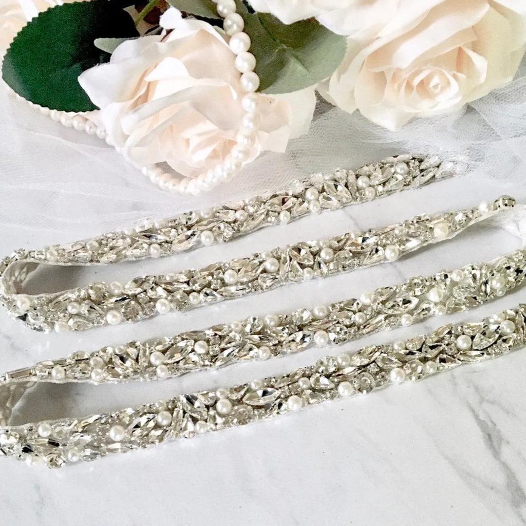 Wedding Accessories - Silver Pearl and Crystal Bridal Belt