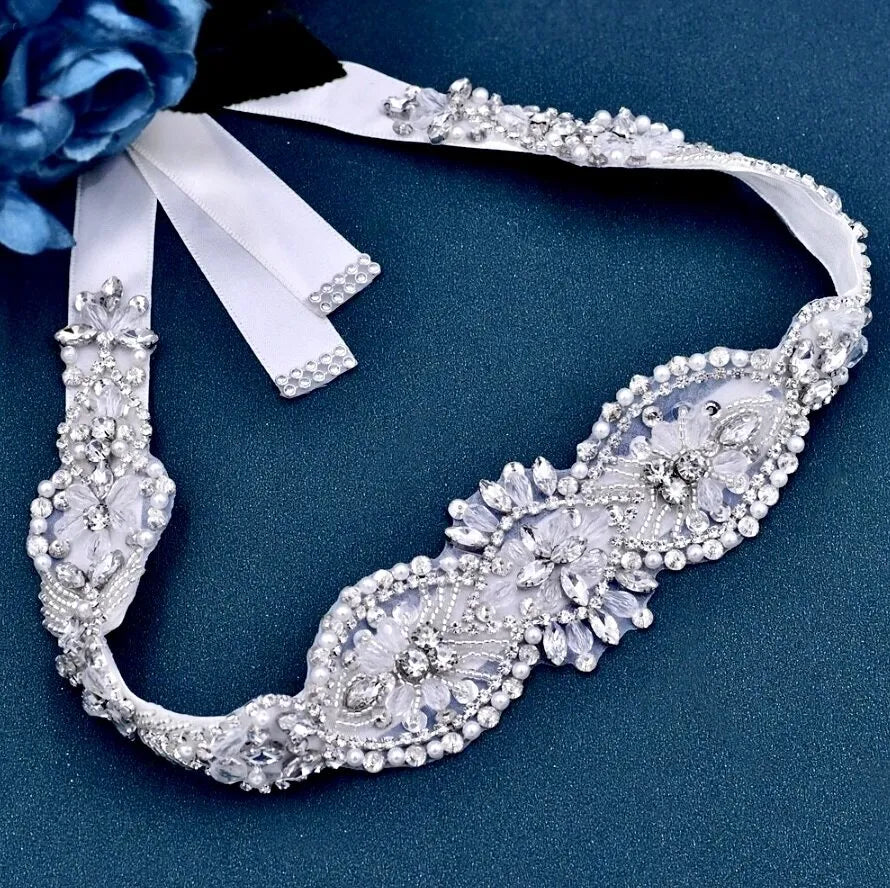 Wedding Accessories - Silver Crystal and Pearl Bridal Belt/Sash