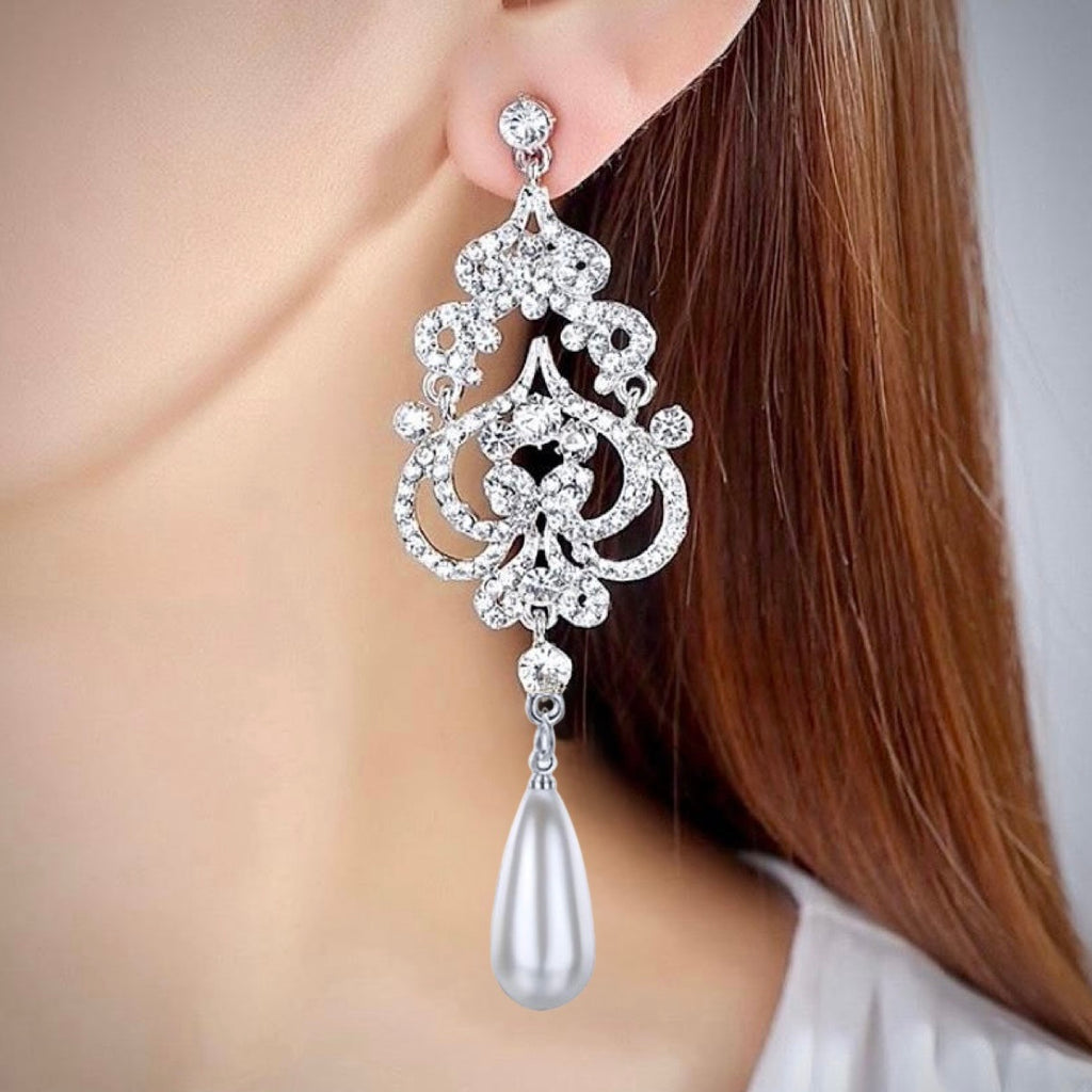 Wedding Jewelry - 'Kelsey' Pearl and Rhinestone Bridal Earrings