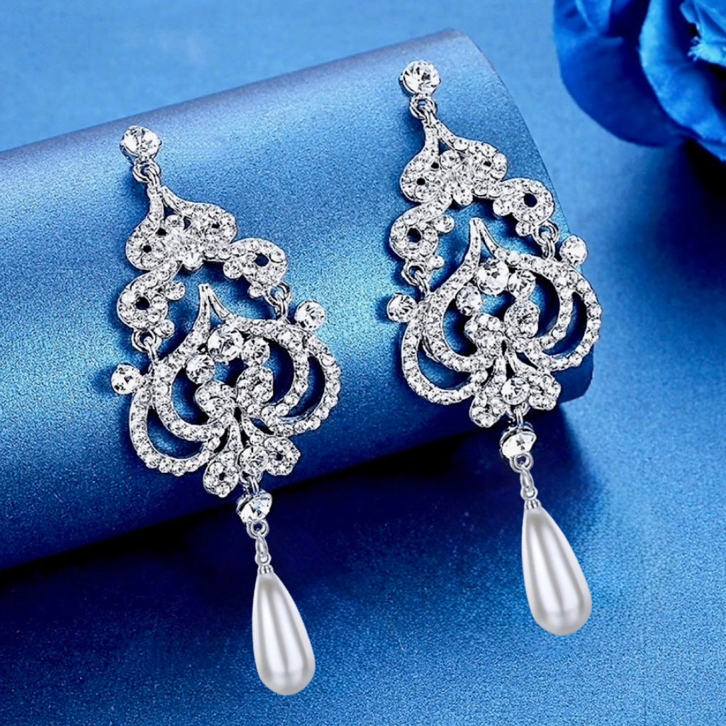 Wedding Jewelry - 'Kelsey' Pearl and Rhinestone Bridal Earrings