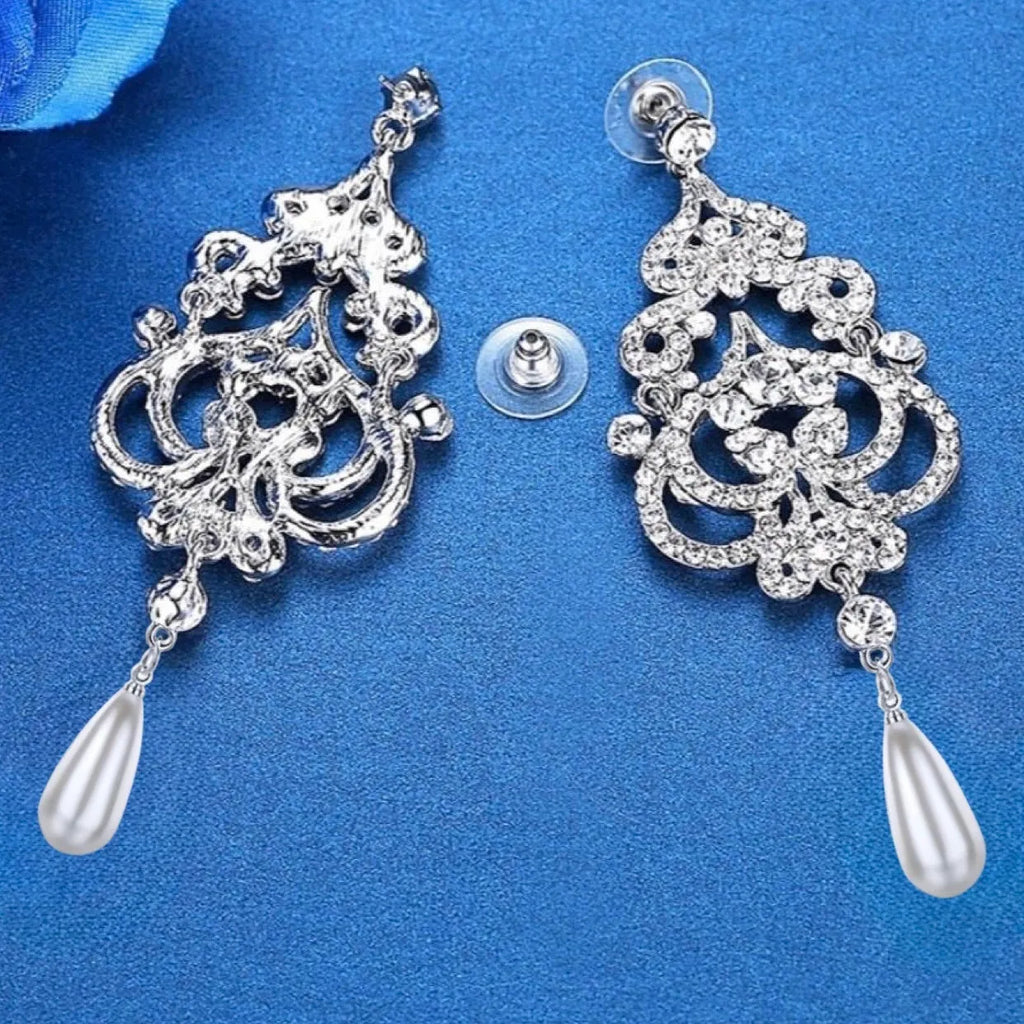 Wedding Jewelry - 'Kelsey' Pearl and Rhinestone Bridal Earrings