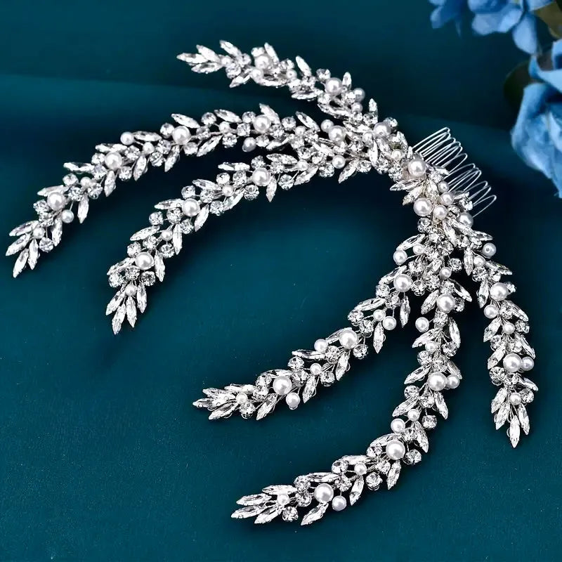 Silver Bridal Headdress with Crystals & Pearls | Wedding Hair Accessory