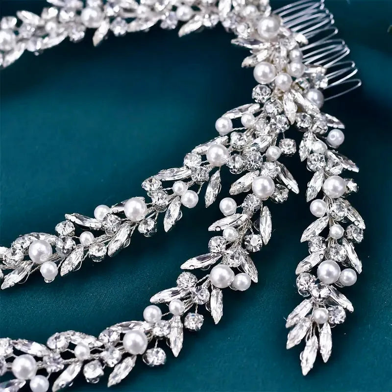 Silver Bridal Headdress with Crystals & Pearls | Wedding Hair Accessory