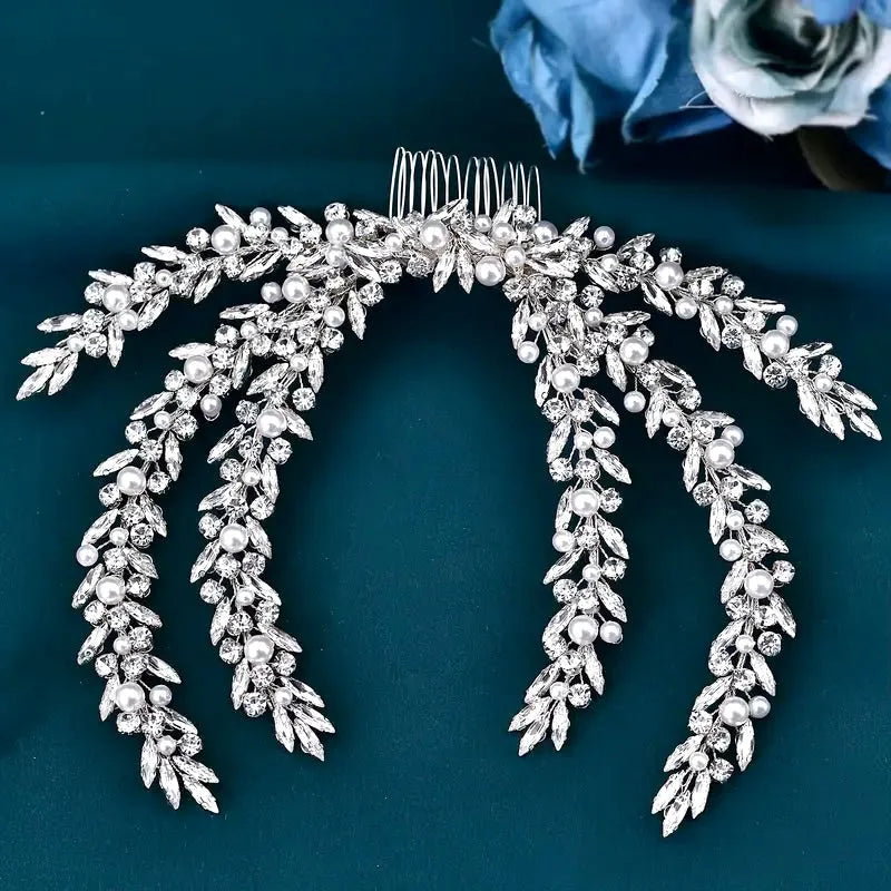 Silver Bridal Headdress with Crystals & Pearls | Wedding Hair Accessory