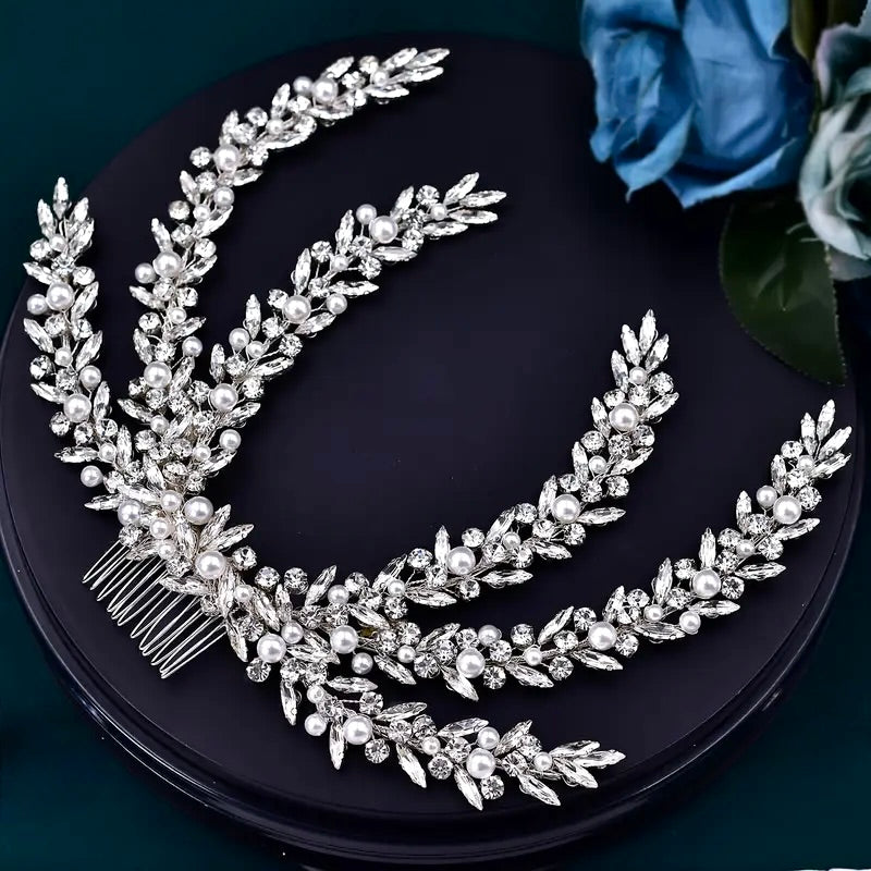 Silver Bridal Headdress with Crystals & Pearls | Wedding Hair Accessory