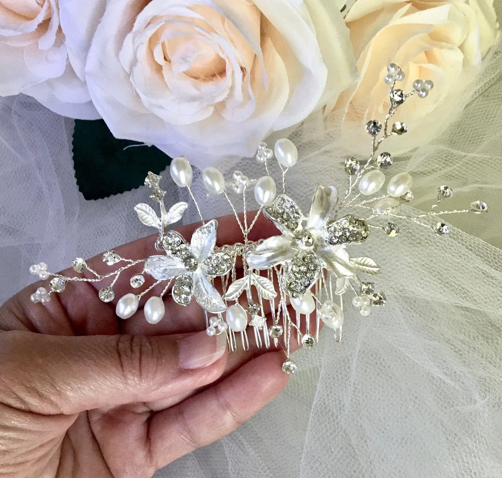 Wedding Hair Accessories - Silver Pearl and Crystal Bridal Hair Comb