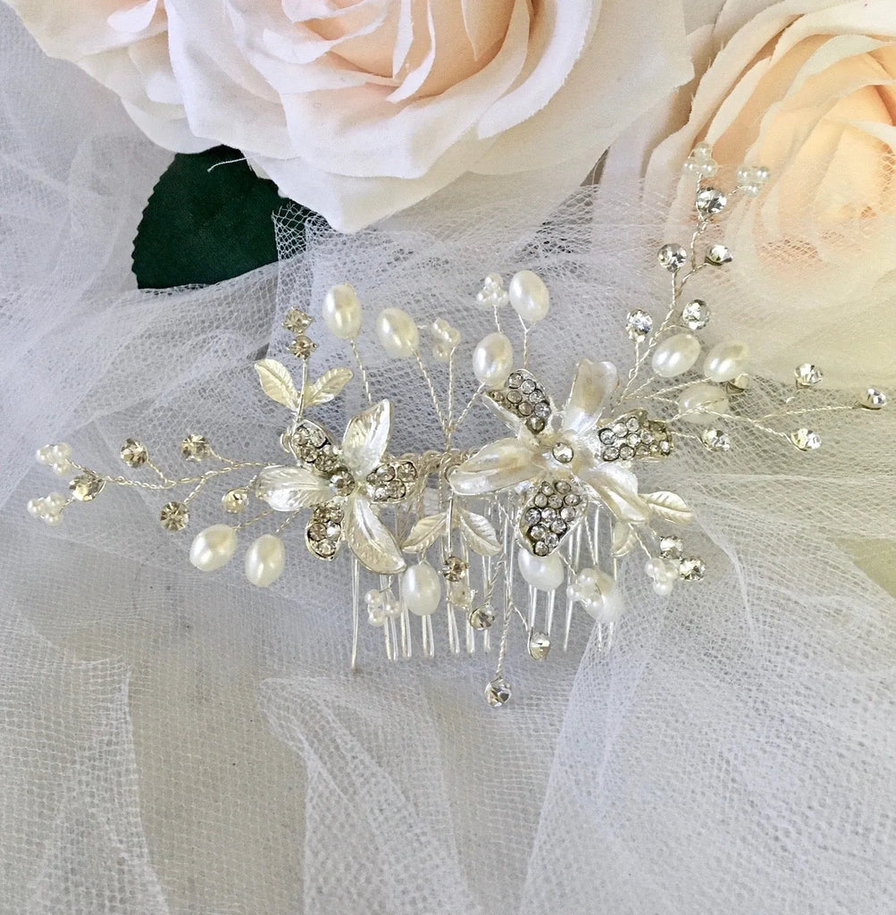 Wedding Hair Accessories - Silver Pearl and Crystal Bridal Hair Comb
