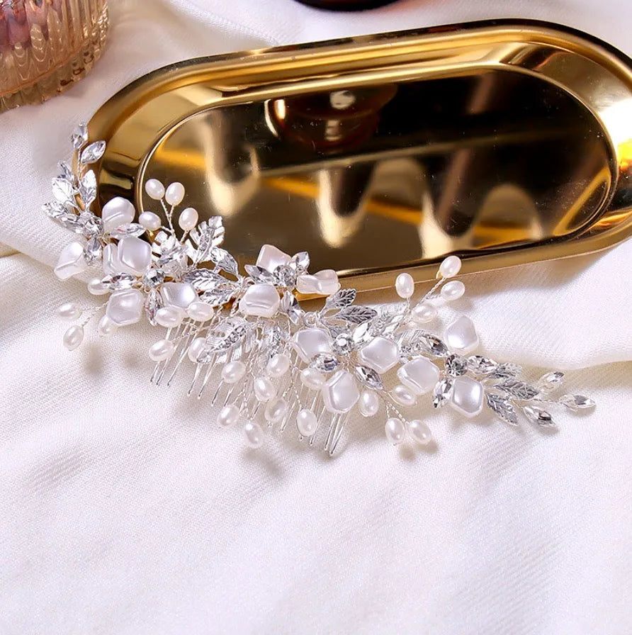 Wedding Hair Accessories - Silver Pearl and Crystal Bridal Hair Comb