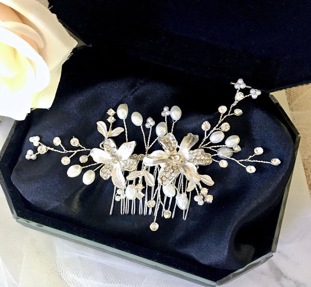 Wedding Hair Accessories - Silver Pearl and Crystal Bridal Hair Comb