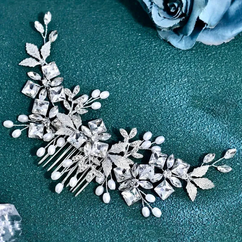 Bridal Hairpiece | Silver Wedding Hair Accessory with Pearls & Crystals