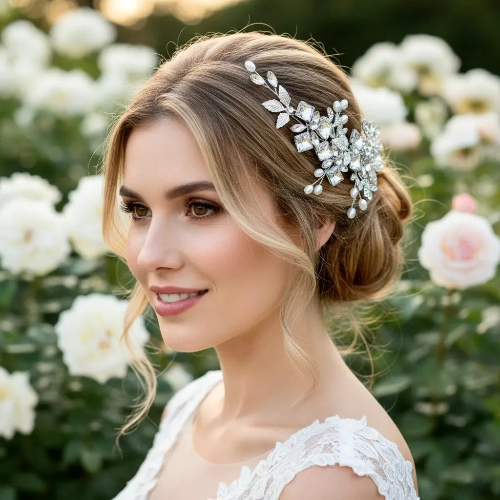 Bridal Crystal Pearl Silver Tiara, Bride Wedding Hair Leaf Zirconia Hair Piece Amazon.com: Formery Pearl Wedding Headband Silver Leaf  main image 3