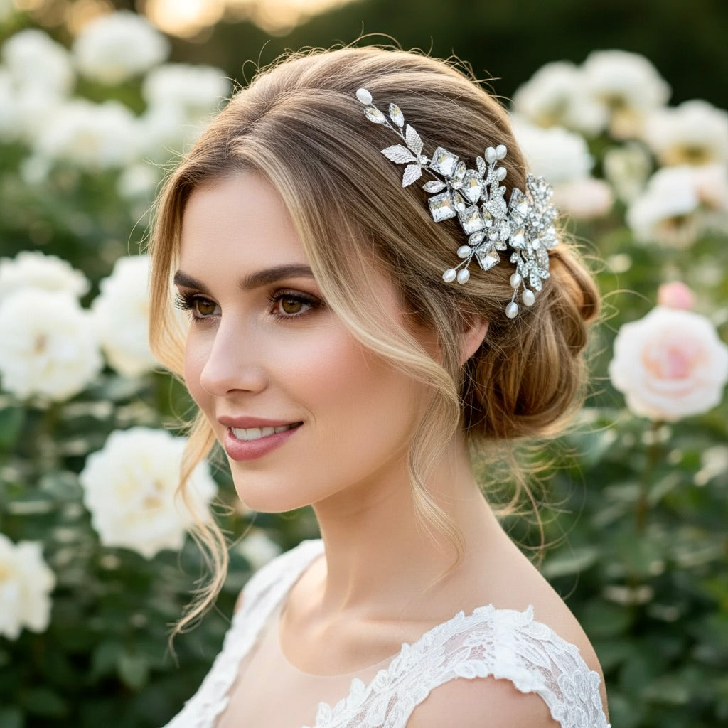 Bridal Hairpiece | Silver Wedding Hair Accessory with Pearls & Crystals
