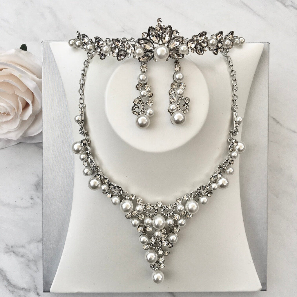 Pearl Wedding Jewelry - Pearl and Crystal Bridal Jewelry Set with Tiara